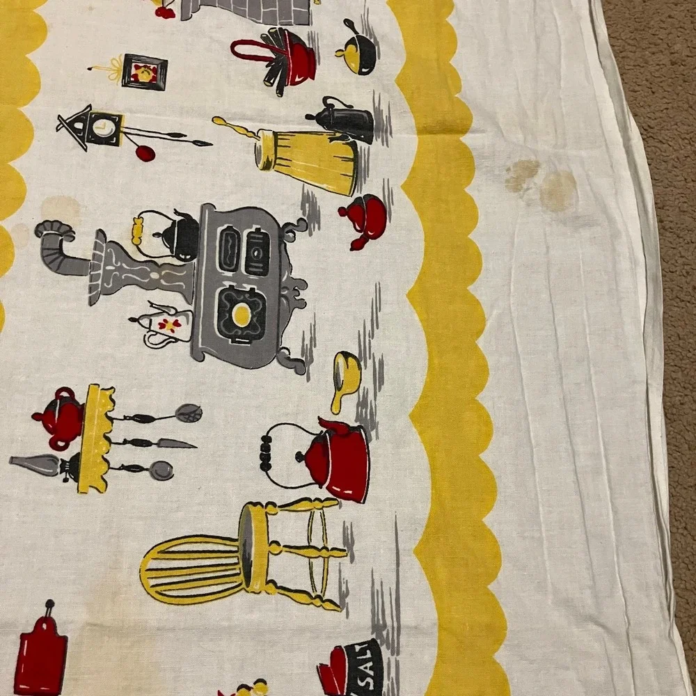 Vtg 1960s Country Kitchen‎ Tablecloth Yellow Stove Utensils Kettle 46x46